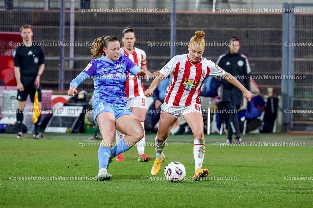 xSSCx09022601018 | 09.02.2026, xsscx, Frauen Fussball, 1. FC Koeln - SGS Essen, 1. Fussball Bundesliga, 17. Spieltag, Franz-Kremer-Stadion, Saison 2025 2026: Ramona Maier (SGS Essen 9) im Zweikampf gegen Laura Vogt (1. FC Koeln 8) DFB regulations prohibit any use of photographs as image sequences and or quasi-video. Photo: xSandraxScherningxPressefotoKochx