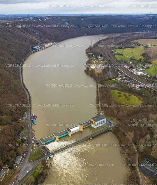 Hagen231201619Hengsteysee-topaz | Luftbild, Ruhrhochwasser, Weihnachtshochwasser 2023, Fluss Ruhr tritt nach starken Regenfällen über die Ufer, Überschwemmungsgebiet Laufwasserkraftwerk Hengstey mit Hengsteysee,  Boele, Hagen, Ruhrgebiet, Nordrhein-Westfalen, Deutschland