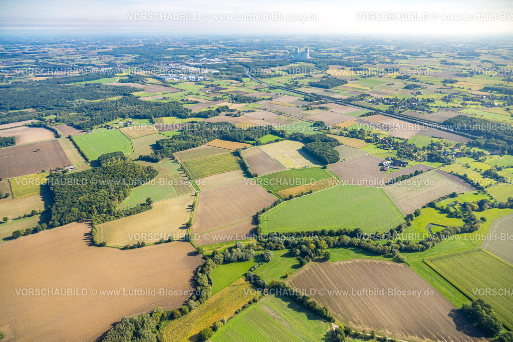 Hamm250900727 | Luftbild, Wiesen und Felder, Vöckinghausen, Blick zum RWE Kraftwerk Westfalen, Stadtbezirk Rhynern, Hamm, Ruhrgebiet, Nordrhein-Westfalen, Deutschland