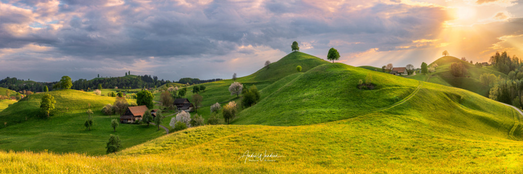 Hügellandschaft im Abendlicht (3:1 Format) | Andre Wandrei - Nature Artworx - Realisiert mit Pictrs.com