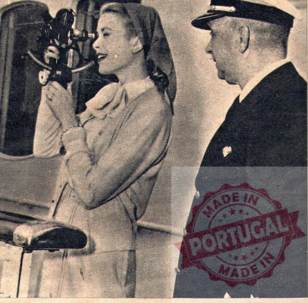 Grace Kelly learning to use a sextant with a captain assisting her | Grace Kelly using a navigational instrument with a captain watching her - Realized with Pictrs.com