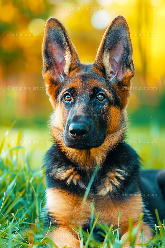 German Shepherd Puppy Laying On The Grass | This adorable image of a German Shepherd puppy lying in green grass is perfect for dog lovers. With its alert ears and expressive eyes, it brings warmth, loyalty, and a playful spirit to any room. - Realisiert mit Pictrs.com