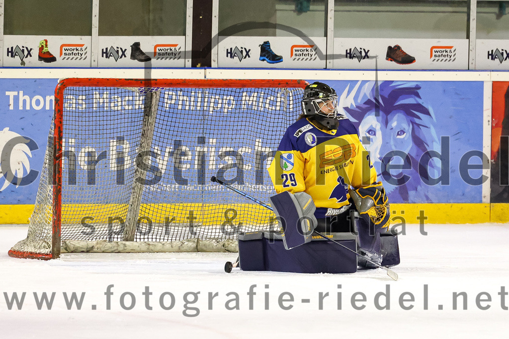 2022-10-30_078_TSV_Erding_gegen_ESC_Riverrats_Geretsried | Erding, Deutschland, 30.10.2022:
Eishockey, Bayernliga 2022 / 2023, 9. Spieltag, TSV Erding gegen ESC Riverrats Geretsried, Endergebnis: 3:5

Torwart Johanna May (ESC Riverrats Geretsried, #29)

Foto: Christian Riedel / fotografie-riedel.net