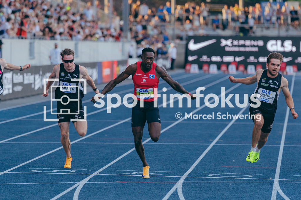 Deutsche Meisterschaften der Frauen und Männer 2026 | Owen Ansah, Hamburger SV, Kevin Kranz, Sprintteam Wetzlar, Heiko Gussmann, Sprintteam Wetzlar, 100-Meter-Lauf, Finale, Deutsche Meisterschaften der Frauen und Männer 2026, Lohrheidestadion Bochum-Wattenscheid, 25.07.2026. Foto: Marcel Schwering / sportimfokus - Realisiert mit Pictrs.com