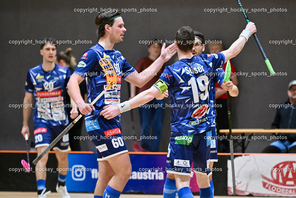 KAC Floorball vs. VSV Unihockey | Jubel VSV Unihockey, #60 Thomas Unterweger VSV Unihockey, #19 Philipp Seiser VSV Unihockey, KAC Floorball vs. VSV Unihockey, KAC Floorball vs. VSV Unihockey am 21.03.2026 in Klagenfurt (Ballspielhalle Waidmannsdorf), Austria, (Photo by Bernd Stefan)