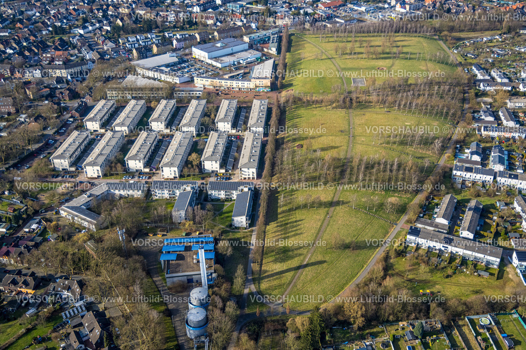 Bottrop250202716Mitte | Luftbild, Mehrfamilien-Reihenhaus Wohnsiedlung am Prosperpark, Heinrich-Gutermuth-Straße, Gewerbegebiet Gladbecker Straße, Nord-Ost, Bottrop, Ruhrgebiet, Nordrhein-Westfalen, Deutschland
