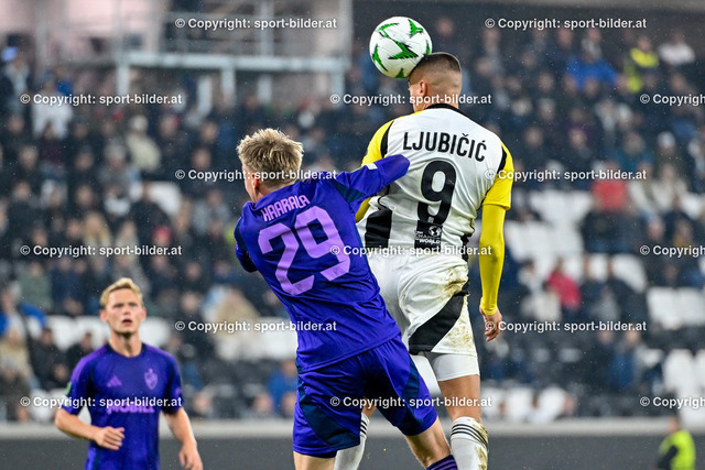 AUT, Fussball UEFA Conference League MD1, LASK (AUT) vs Djurgardens IF (SWE) | 03.10.2024, Oberoesterreich Arena Linz, AUT, UEFA Conference League MD1, LASK (AUT) vs Djurgardens IF (SWE), im Bild Santeri Haarala of Djurgardens IF vs Marin Ljubicic of Lask// UEFA Conference League MD1, LASK Linz (AUT) vs Djurgardens IF (SWE) in Linz, Austria on 2024/10/03