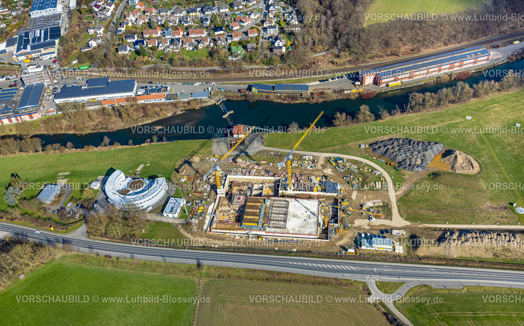 Froendenberg230213884 | Luftbild, Wasserwerke Westfalen GmbH und Laufwasserkraftwerk Langschede am Fluss Ruhr, Baustelle und Neubau, Wasserwrk Halingen, Halingen, Menden, Ruhrgebiet, Nordrhein-Westfalen, Deutschland