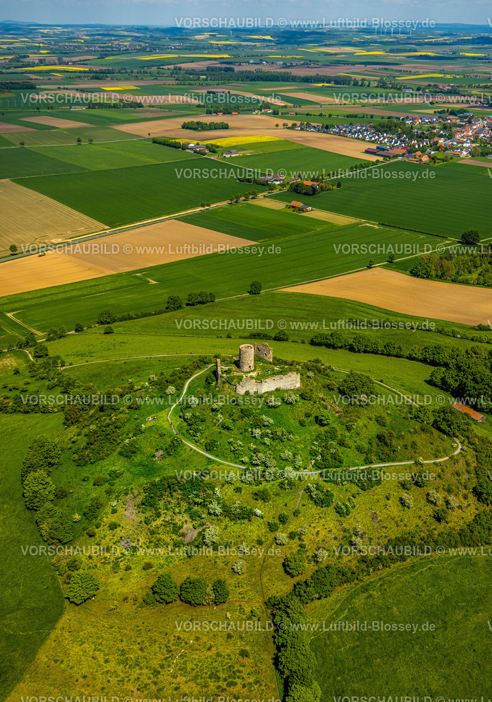 Warburg240505019BurgDesenberg | Luftbild, Burg Desenberg auf einem Vulkankegel, historische Sehenswürdigkeit, Ruine einer Höhenburg in der Warburger Börde, kachelförmige Wiesen und Felder mit Fernsicht, Daseburg, Warburg, Ostwestfalen, Nordrhein-Westfalen, Deutschland