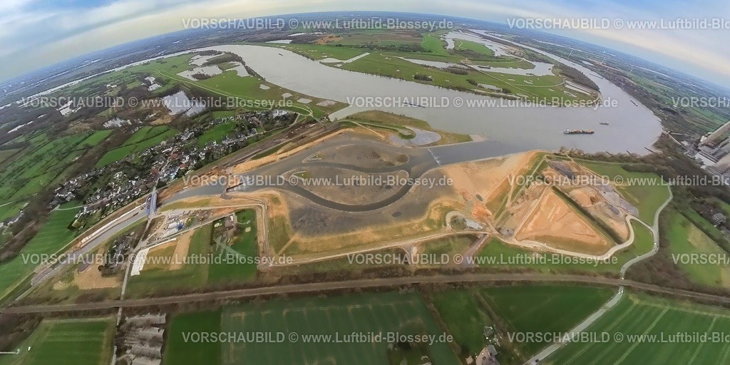 Dinslaken230328_6neueEmschermuendung | Luftbild, Neue Emschermündung in den Fluss Rhein, Kraftwerk Voerde, Renaturierung der Emscher, Neugestaltung und Umlegung der Emschermündung, Erdkugel, Fisheye Aufnahme, Fischaugen Aufnahme, 360 Grad Aufnahme, Eppinghoven, Dinslaken, Ruhrgebiet, Nordrhein-Westfalen, Deutschland