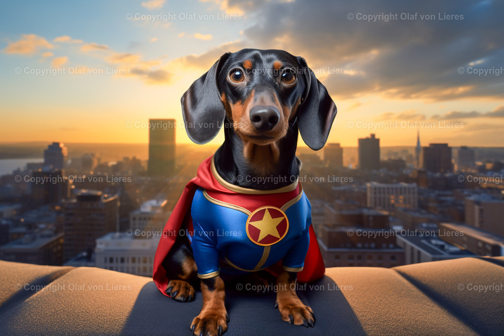 Dackel als Superheld mit Umhang | Dachshund als Superheld