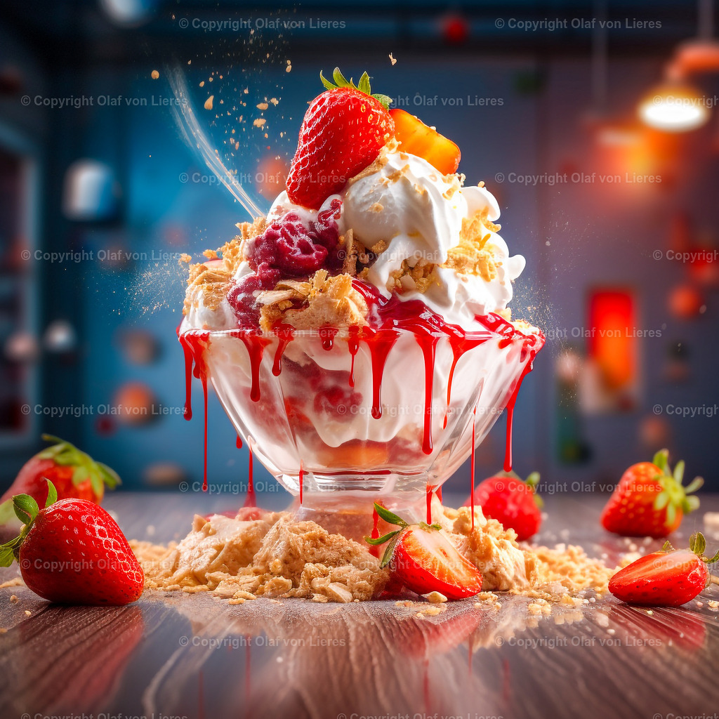 leckerer Eisbecher | appetitlicher Eisbecher mit Erdbeeren und Sahne