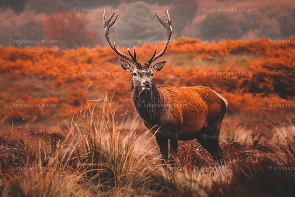Red Deer In The Moorlands | A majestic red deer stands proudly amidst autumnal moorlands, showcasing nature’s beauty. Ideal for wildlife enthusiasts, this artwork brings the warm colors and spirit of the wilderness into your space. - Realisiert mit Pictrs.com