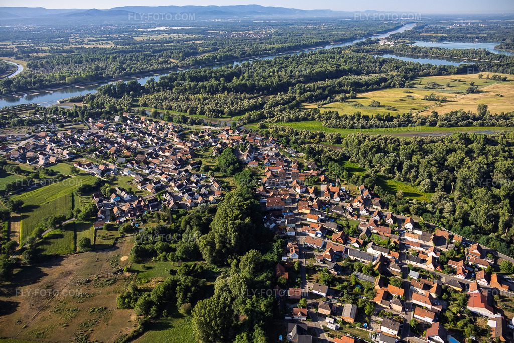 Aerial view: Village view from the northwest at the mouth of the Sauer into the Rhine in Munchhausen in the state Bas-Rhin, France. – Photo: IMG_158167.jpg taken on 07/25/2026 by Werner Riehm/FLY-FOTO.com – Resolution of the original: 6000 x 4000 px