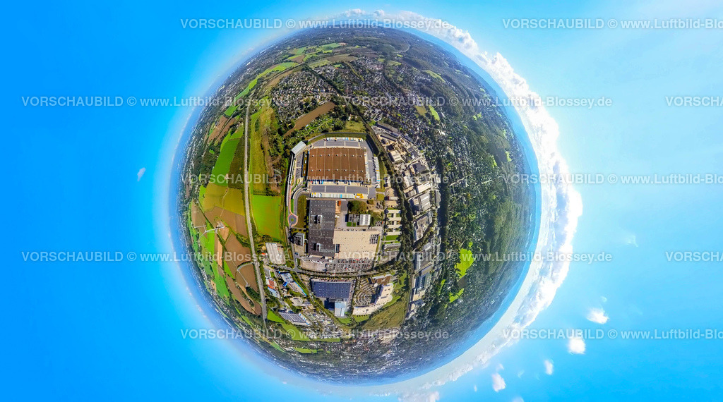 Witten241090009AmazonLogistik | Luftbild, Gewerbegebiet Brauckstraße mit dem Amazon Verteilzentrum, Erdkugel, Fisheye Aufnahme, Fischaugen Aufnahme, 360 Grad Aufnahme, tiny world, little planet, fisheye Bild, Rüdinghausen, Witten, Ruhrgebiet, Nordrhein-Westfalen, Deutschland