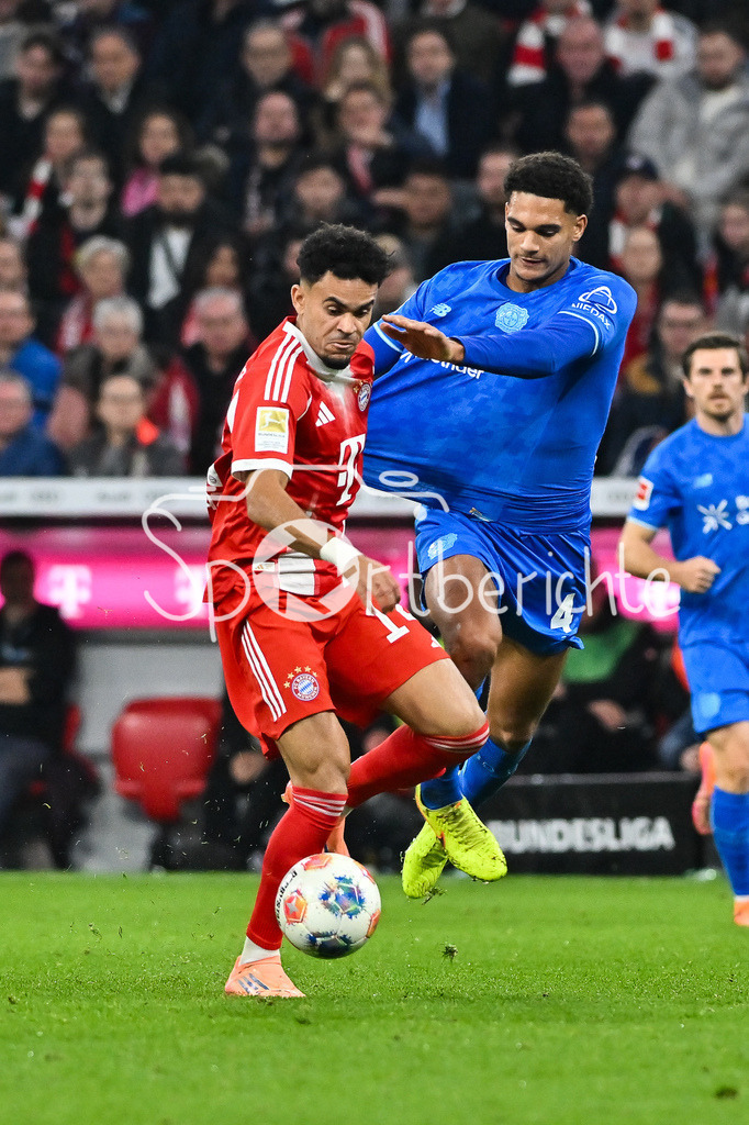 FC Bayern München - Bayer 04 Leverkusen | MÜNCHEN, DEUTSCHLAND - 1. NOVEMBER: im Duell Luis DIAZ (FC Bayern Munich 14) und Jarell QUANSAH (Bayer Leverkusen 4) während dem Bundesligamatch zwischen dem FC Bayern München und Bayer 04 Leverkusen am 9. Spieltag in der Allianz Arena am 1. November 2025 in München, Germany / DFL REGULATIONS PROHIBIT ANY USE OF PHOTOGRAPHS AS IMAGE SEQUENCES AND/OR QUASI-VIDEO