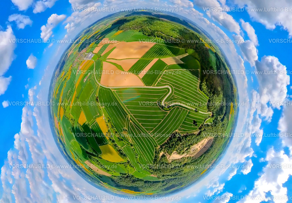 Brakel240590468Strassenkurven | Luftbild, Serpentine der Landesstraße L863, schlangenförmige Straße führt durch grüne gestreifte Felder, Baumgruppe am Straßenrand, Waldgebiet und Wiesen und Felder, links oben der Ort Erkeln, Erdkugel, Fisheye Aufnahme, Fischaugen Aufnahme, 360 Grad Aufnahme, tiny world, little planet, fisheye Bild, Erkeln, Brakel, Ostwestfalen, Nordrhein-Westfalen, Deutschland