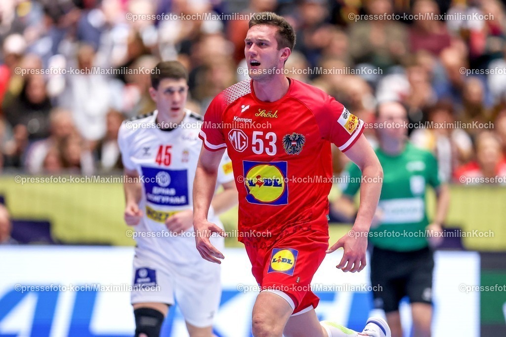 EHF19012601054 | 19.01.2026, Handball, Men's EHF EURO 2026, Österreich - Serbien, Jyske Bank Boxen in Herning, Dänemark, Preliminary Round:  Mykola Bilyk (Austria #53) 