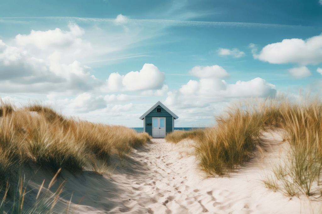 2301008 - Kleines Häusschen am Strand | Digitales maritimes Motiv von einer Strandidylle.