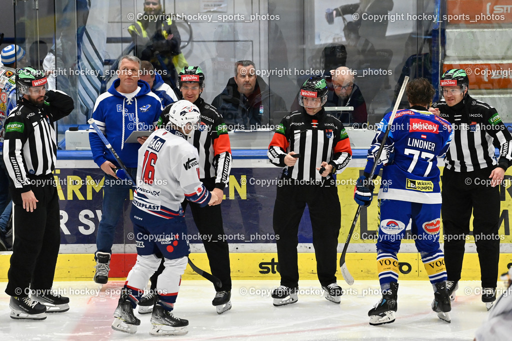 EC IDM Wärmepumpen VSV vs. Hydro Fehervar AV19  | Vaczi David Referee, EC VSV Hallensprecher Gerhard Oberrauner, Nagy Attila Referee, Bedenke Sebastian Referee, #16 Hari Janos HYDRO FEHERVAR, #77 LINDNER Philipp EC VSV, Piragic Trpimir Referee, EC IDM Wärmepumpen VSV vs. Hydro Fehervar AV19 , EC IDM Wärmepumpen VSV vs. Hydro Fehervar AV19  am 01.01.2025 in Villach (Stadthalle Villach), Austria, (Photo by Bernd Stefan)