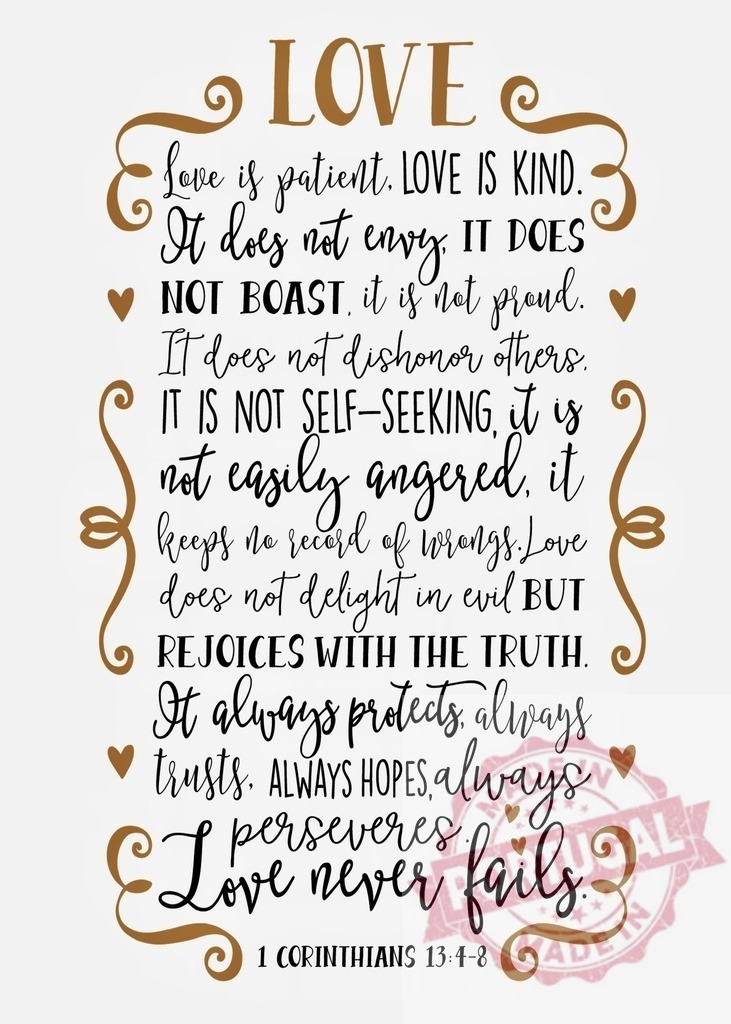 1 Corinthians 13:4-8 love never fails Bible verse | Calligraphic text of the love chapter from 1 Corinthians 13:4-8, with decorative frame - Realized with Pictrs.com