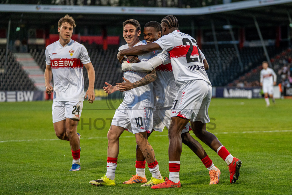 VfB Stuttgart II vs. SSV Ulm 1846 Fussball, Fussball, 3. Liga, 32. Spieltag, 08.04.2026 | Nicolas Sessa (VfB Stuttgart II, #10) jubelt nach seinem Treffer zum 1:0 mit Christopher Olivier (VfB Stuttgart II, #24), Mansour Ouro-Tagba (VfB Stuttgart II, #27) und Abdenego Nankishi (VfB Stuttgart II, #17),VfB Stuttgart II vs. SSV Ulm 1846 Fussball, Fussball, 3. Liga, 32. Spieltag, 08.04.2026DFB regulations prohibit any use of photographs as image sequences and/or quasi-video