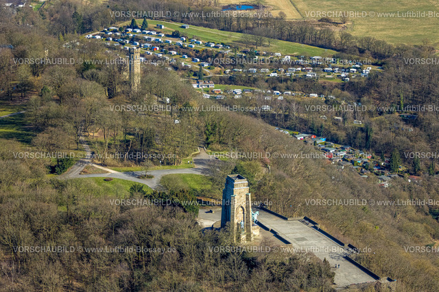 Dortmund250302205 | Luftbild, Ruine Hohensyburg mit Vincketurm, Aussichtsplattform Kaiser-Wilhelm-Denkmal und Campingplatz Hohensyburg, Syburg, Dortmund, Ruhrgebiet, Nordrhein-Westfalen, Deutschland