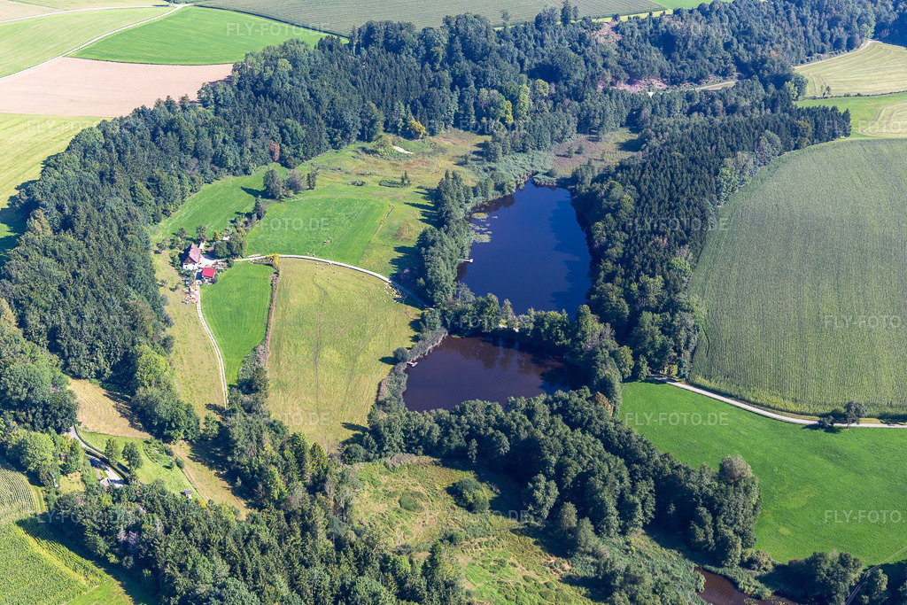 Luftbild: Elfenweiher im Ortsteil Witschwende in Bergatreute im Bundesland Baden-Württemberg in Deutschland. Foto: IMG_129131.jpg vom 04.09.2021 durch Werner Riehm/FLY-FOTO.de