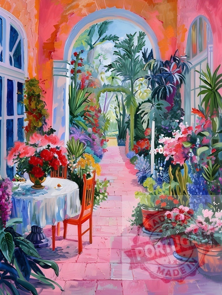 Vibrant impressionist painting of a lush flower garden patio | Colorful pathway leading to an archway in a blooming outdoor garden - Realized with Pictrs.com