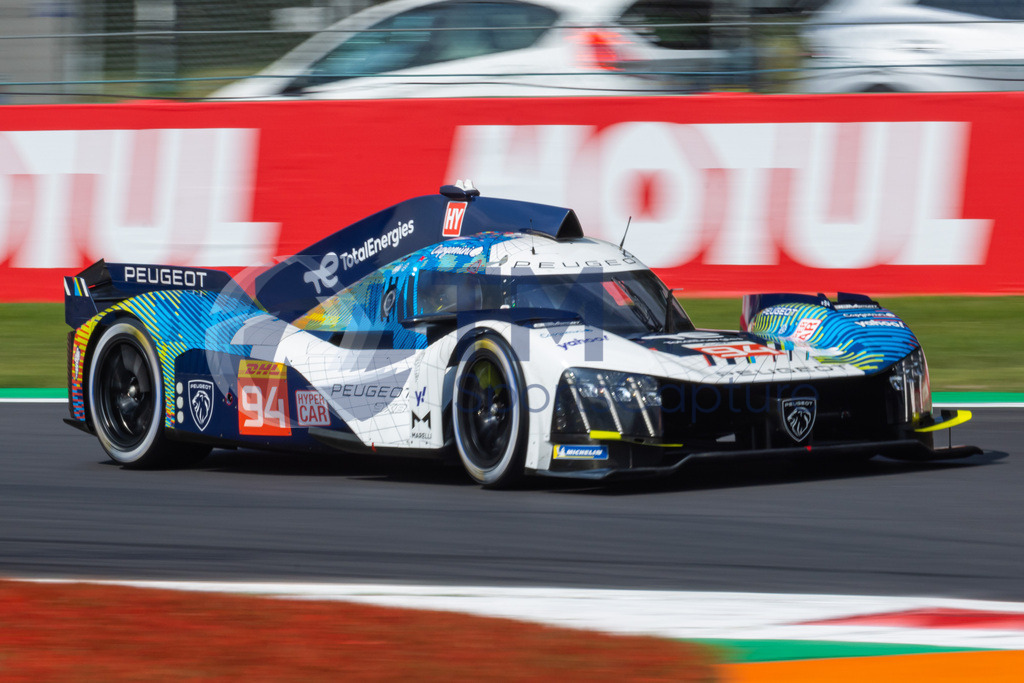 Trainproduction-20230708-0026 | MONZA,ITALY,08.Jul.23 - MOTORSPORTS - WEC, FIA World Endurance Championships, 6h of Monza, Autodromo Monza. Image shows Loic Duval (FRA), Gustavo Menezes (USA) and Nico Mueller (SUI/ Peugeot Totalenergies). Photo: Trainproduction / Matthias Trinkl
