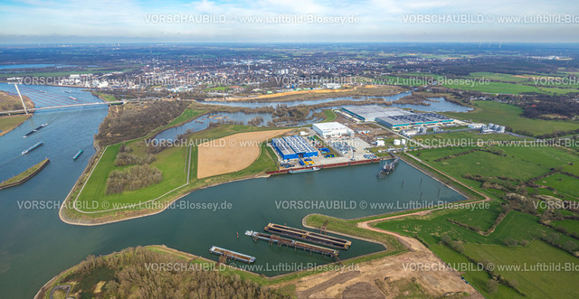 Wesel240309568 | Luftbild, Hafen Emmelsum, Gewerbegebiet mit Schwerlast Terminal Niederrhein GmbH Transportunternehmen und NORDFROST GmbH & Co. KG Logistikdienst, Fluss Lippe und Niederrheinbrücke Wesel, Blick auf Wesel, Wesel, Nordrhein-Westfalen, Deutschland