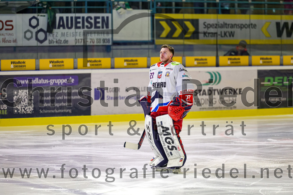 2026-01-18_039_TSV_Erding_gegen_Selber_Woelfe | Erding, Deutschland, 18.01.2026:Eishockey, Oberliga Süd 2025 / 2026, 38. Spieltag, TSV Erding gegen Selber Wölfe, Endergebnis: 2:3 n.V.Torwart Michel Weidekamp (Selber Wölfe, #27)Foto: Christian Riedel / fotografie-riedel.net