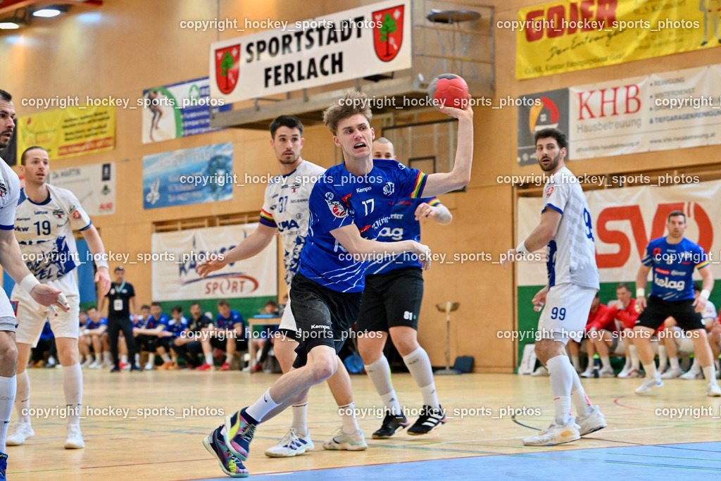 SC Ferlach vs. ALPLA HC Hard | #17 Kelih Markus SC Ferlach, #99 Hild Matthias SC Hard, #37 Horvath Ivan SC Ferlach, SC Ferlach vs. ALPLA HC Hard, SC Ferlach vs. ALPLA HC Hard am 05.04.2025 in Ferlach (Ballspielhalle Ferlach), Austria, (Photo by Bernd Stefan)