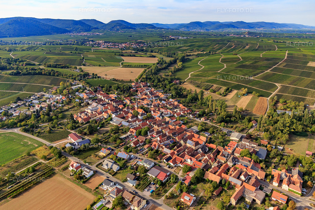 Luftbild: Ortsansicht von Südosten im Ortsteil Heuchelheim in Heuchelheim-Klingen im Bundesland Rheinland-Pfalz in Deutschland. Foto: IMG_111736.jpg vom 16.09.2018 durch Werner Riehm/FLY-FOTO.de
