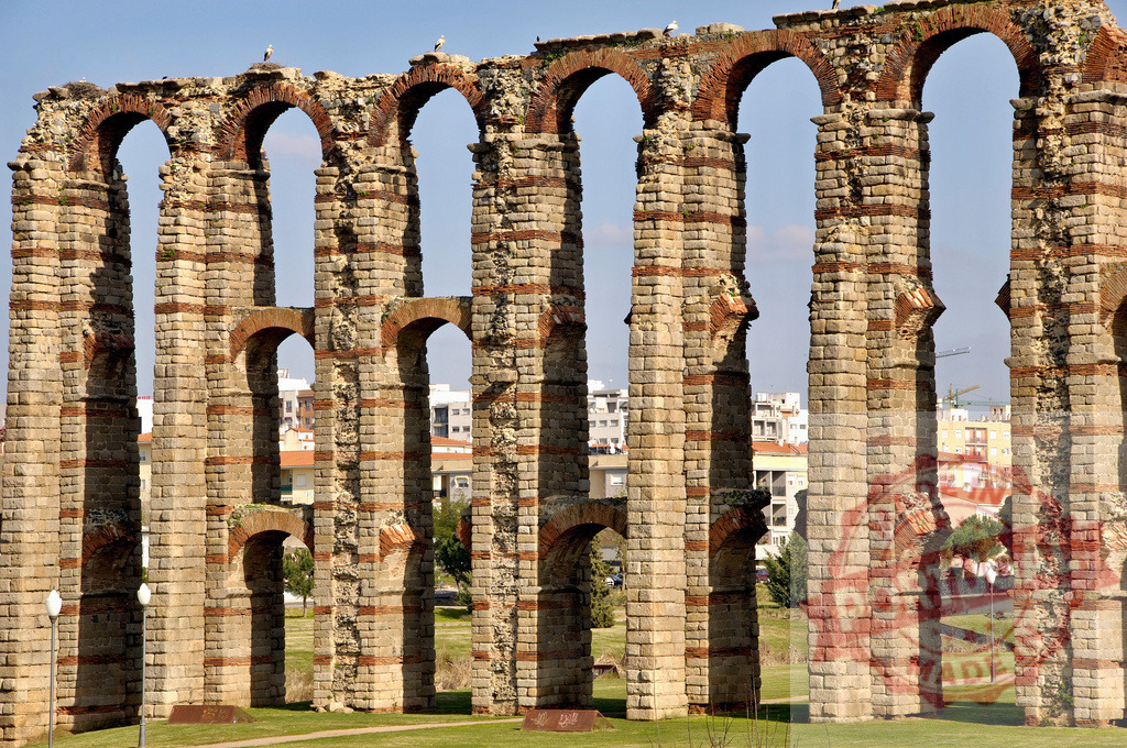 Acueducto de los Milagros Roman aqueduct Merida Spain. Extremdura - Spain | Ancient Roman aqueduct of Miracles standing with arches and brick details in Merida, Spain - Realized with Pictrs.com