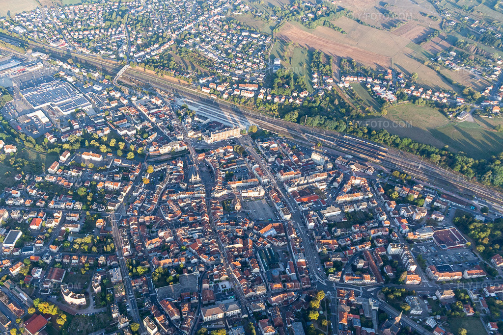 Aerial view: City center in the downtown area with train station in Sarrebourg in the state Moselle, France. – Photo: IMG_117815.jpg taken on 09/14/2019 by Werner Riehm/FLY-FOTO.com – Resolution of the original: 4440 x 2960 px