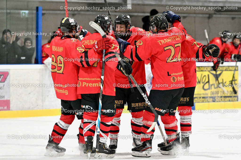 Lendhafen Seelöwen vs. Spartans Althofen | #77 Schumnig Stefan Spartans Althofen, #22 Trampitsch Jürgen Spartans Althofen, Jubel Spartans Althofen Mannschaft, #81 Jakobitsch Silvio Spartans Althofen, #70 Schumnig Martin Spartans Althofen, #89 Pirmann Markus Spartans Althofen, Lendhafen Seelöwen vs. Spartans Althofen, Lendhafen Seelöwen vs. Spartans Althofen am 14.02.2025 in Ferlach (HTC Eishalle Ferlach), Austria, (Photo by Bernd Stefan)