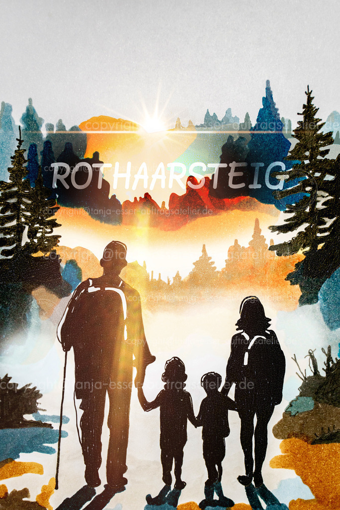180 c Wandernde Familie im Frühnebel Rothaarsteig Schriftzug | Illustration mit Markerstiften zeigt wandernde Familie vor einem Ausblick auf waldige Landschaft. Text Rothaarsteig als Bezeichnung einer Wandergegend.