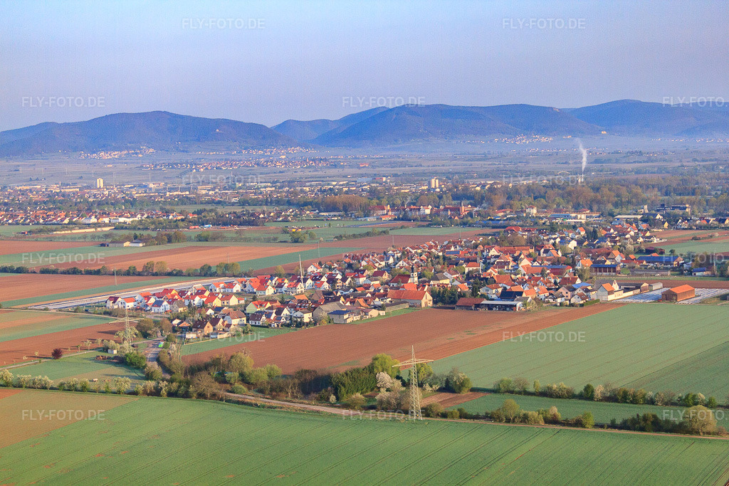 Luftbild: Ortsansicht von Südosten im Ortsteil Mörlheim in Landau im Bundesland Rheinland-Pfalz in Deutschland. Foto: IMG_49550.jpg vom 13.04.2012 durch Werner Riehm/FLY-FOTO.deAuflösung des Originals: 4752 x 3168 px