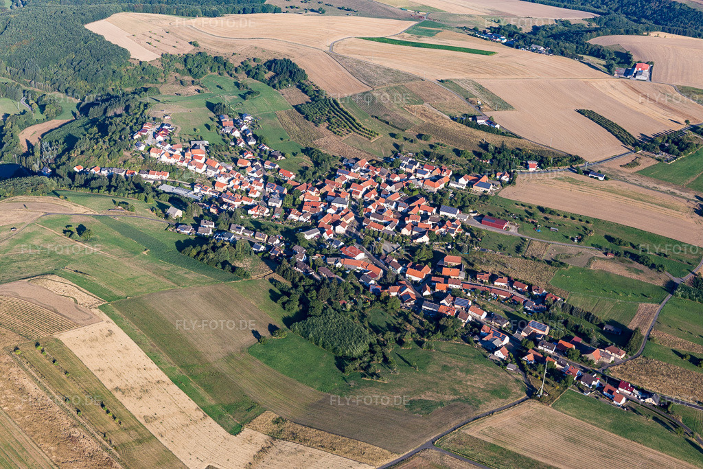 Luftbild: Landwirtschaftliche Nutzflächen und Feldgrenzen umsäumen das Siedlungsgebiet des Dorfes bei Meisenheim in Becherbach im Bundesland Rheinland-Pfalz in Deutschland. Foto: IMG_109839.jpg vom 06.08.2018 durch Werner Riehm/FLY-FOTO.de