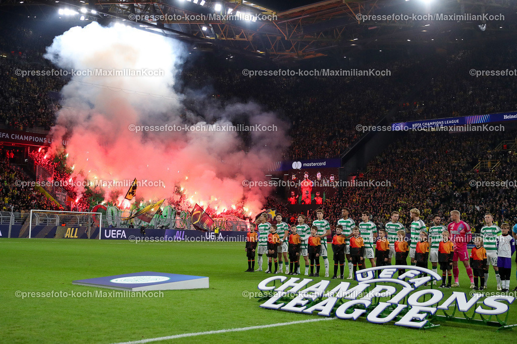 BVB01102402146 | 01.10.2024, Fußball, UEFA Champions League, Borussia Dortmund - Celtic Glasgow, 2. Spieltag, Signal Iduna Park, Saison 2024 2025: Im Gästeblock werden vor dem Spiel Pyrotechnik abgebrant. Bengalos Bengalisches Feuer Feuerwerkskörper
