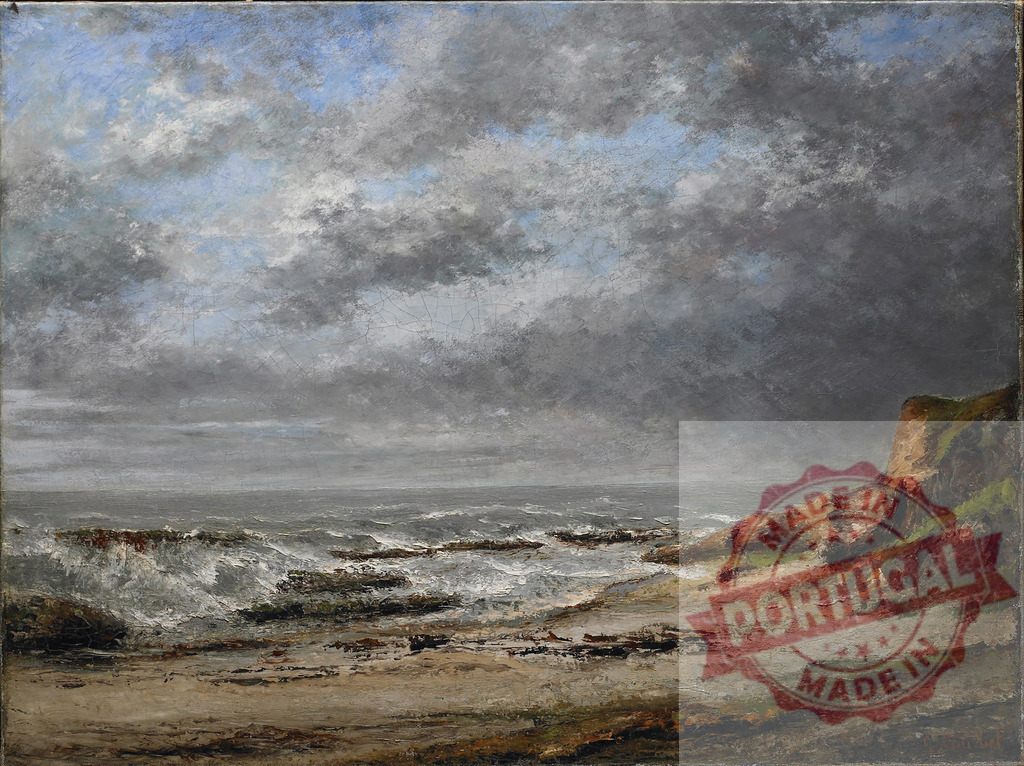 Gustave Courbet Stormy seascape painting with crashing waves against coast | Stormy ocean waves crashing on a rugged coastline under a cloudy sky - Realized with Pictrs.com