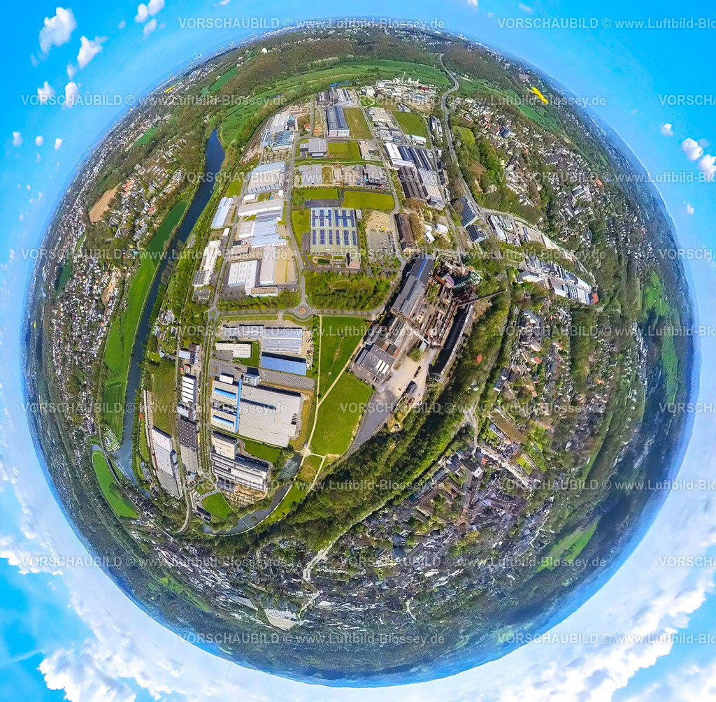 Hattingen230490834GewerbegebietHenrichshuette | Luftbild, Henrichshütte, Landschaftspark und Industriemuseum, Fluss Ruhr, Erdkugel, Fisheye Aufnahme, Fischaugen Aufnahme, 360 Grad Aufnahme, Hattingen, Ruhrgebiet, Nordrhein-Westfalen, Deutschland