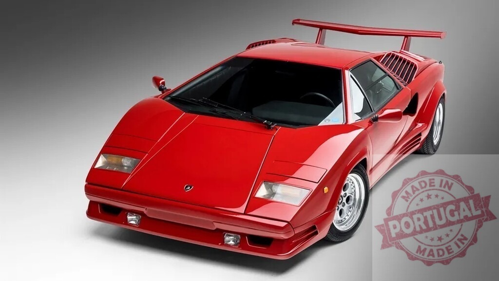 Red Lamborghini Countach vintage Italian supercar with spoiler | Red Lamborghini Countach parked on a clean background, showcasing its classic wedge design - Realized with Pictrs.com