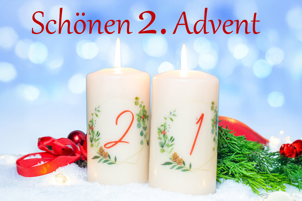 Schönen 2. Advent | Grüße zum Advent: Adventskerzen mit weihnachtlicher Dekoration und Text SCHÖNEN 2. ADVENT - Realisiert mit Pictrs.com