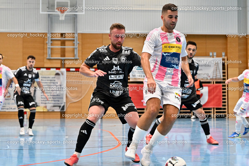 Carinthia Flamengo Futsal Club vs. FC Ljuti Krajisnici | #77 Seid Suljkanovic FC Ljuti Krajisnici, #5 Jernej Kunc Carinthia Flamengo, Carinthia Flamengo Futsal Club vs. FC Ljuti Krajisnici, Carinthia Flamengo Fusal Club vs. FC Ljuti Krajisnici am 12.10.2025 in Klagenfurt (Ballspielhalle Viktring), Austria, (Photo by Bernd Stefan)
