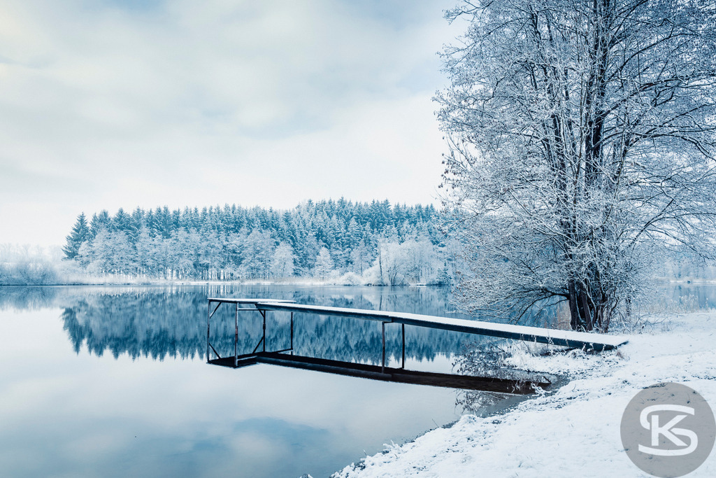 Winterliche Seestille: Verschneite Bäume und Holzsteg im spiegelnden Wasser | Eine ruhige, idyllische Winterlandschaft am Ufer eines stillen Sees. Die Bäume im Hintergrund und ein einzelner Baum im Vordergrund sind tief verschneit und spiegeln sich perfekt in der glatten Wasseroberfläche, während ein einfacher Holzsteg in den See ragt. - Realisiert mit Pictrs.com