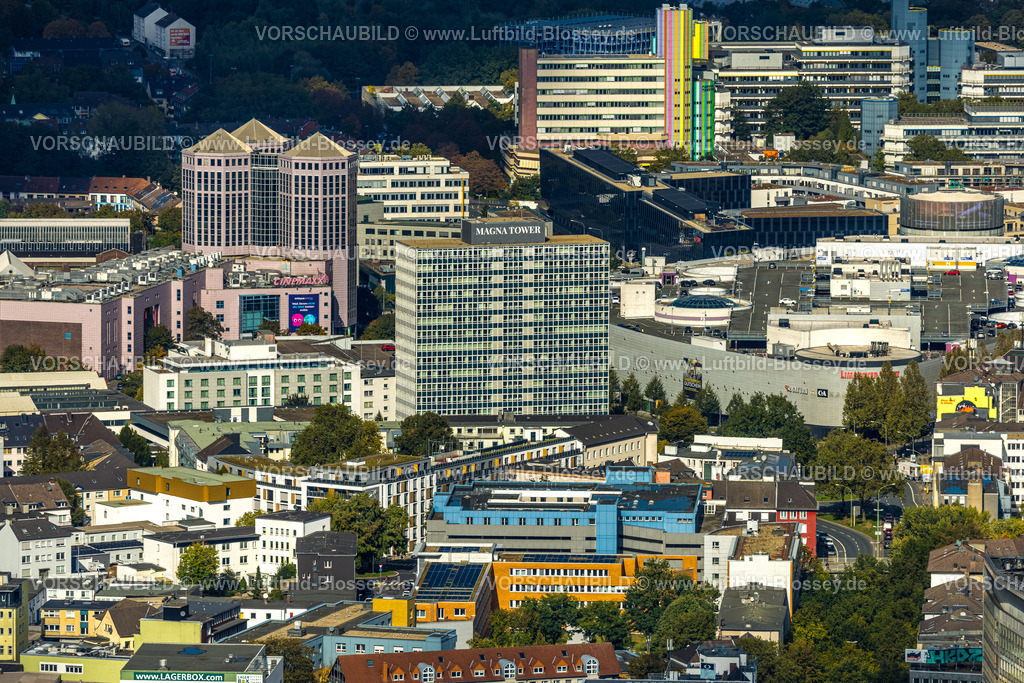 Essen241001871 | Luftbild, Innenstadtansicht Skyline Limbecker Platz, Magna Tower und Weststadttürme WST, hinten Funke Medienhaus und die Universität Duisburg-Essen, Nordrhein-Westfalen, Deutschland
