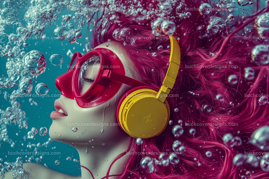Gesicht einer Frau mit Kopfhörer (200) | woman face with red diving glasses underwater with many air bubbles, with pink hair spread over the surface of the image, with a yellow headphone - close up - studio light - vivid colors - high detail - realistic - photo --chaos 5 --ar 3:2 --stylize 50 --weird 200 --v 6.1 Job ID: 3f1da9d5-4dd4-45c6-8fd9-36432b042a1c