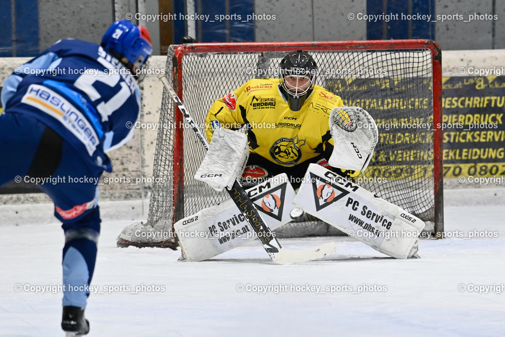 EC Hornets Spittal vs. ESC Steindorf 23.2.2024 | #21 Steiner Moritz ESC Steindorf, #1 Zauchner Rene EC Hornets Spittal, EC Hornets Spittal vs. ESC Steindorf 23.2.2024, EC Hornets Spittal vs. ESC Steindorf 23.2.2024 am 23.02.2024 in Spittal an der Drau (Eissportzentrum Spittal), Austria, (Photo by Bernd Stefan)